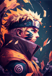 Rule 34 | 1boy, absurdres, ai-assisted, blonde hair, blue eyes, commentary, english commentary, facial mark, forehead protector, from side, headband, highres, insignia, jacket, male focus, naruto (series), orange jacket, short hair, solo, spiked hair, upper body, utahavalanche9, uzumaki naruto