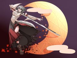 Rule 34 | 1girl, animal ears, bare shoulders, breasts, crescent moon, detached sleeves, female focus, highres, icf, inubashiri momiji, large breasts, mazuka kei, moon, red eyes, short hair, silver hair, solo, sword, tail, touhou, weapon, wolf ears, wolf tail