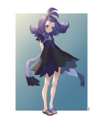 Rule 34 | 1girl, acerola (pokemon), arms behind back, bad id, bad twitter id, blush, border, closed mouth, commentary request, creatures (company), dress, eyelashes, flip-flops, flipped hair, full body, game freak, grey eyes, hair ornament, hairclip, highres, long hair, mongguri, multicolored clothes, multicolored dress, nintendo, outside border, pokemon, pokemon sm, purple hair, sandals, short sleeves, smile, solo, standing, stitches, toes, topknot, torn clothes, torn dress, white border
