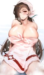 Rule 34 | 1girl, arms behind back, blush, breasts, brown hair, cleavage, closed mouth, collarbone, female focus, fire emblem, fire emblem fates, gradient background, hair over one eye, highres, huge breasts, kagero (fire emblem), long hair, naked towel, neko2k, nintendo, orange eyes, shiny skin, sideways glance, sitting, solo, steam, towel, towel on head, very long hair, wet