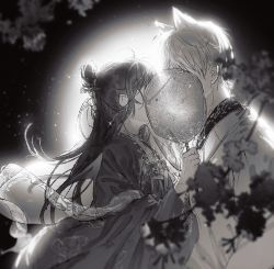 Rule 34 | 1boy, 1girl, animal ears, branch, covered face, covering face, earrings, floating hair, fox ears, from side, glint, greyscale, hair bun, hair ornament, half updo, hand fan, hand up, haori, hetero, holding, holding fan, implied kiss, japanese clothes, jewelry, kimono, light and night love, light particles, long hair, monochrome, moonlight, night, night sky, outdoors, protagonist (light and night love), qi sili, searmy, shawl, short hair, single hair bun, sky, sparkle, upper body, wide sleeves