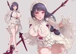 Rule 34 | 1girl, artist name, bare legs, bow, breasts, center opening, chowbie, commentary request, dress, frilled dress, frills, gloves, grey background, hair ribbon, hand up, holding, holding polearm, holding spear, holding weapon, large breasts, long hair, maid headdress, multiple views, open mouth, original, outstretched arm, polearm, purple eyes, purple hair, purple ribbon, red bow, ribbon, simple background, spear, thigh strap, underboob, weapon, white dress, white footwear, white gloves, wide sleeves