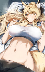 Rule 34 | 1girl, animal ear fluff, animal ears, arknights, bed, black ribbon, blemishine (arknights), blonde hair, breasts, choker, embarrassed, gin moku, highres, long hair, navel, ponytail, ribbon, solo, sports bra, steam, sweat, tail, thighs, upper body, very long hair, yellow eyes
