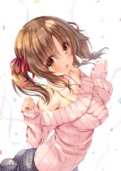 Rule 34 | 1girl, :o, aran sweater, blush, breasts, brown eyes, brown hair, cable knit, collarbone, commentary request, confetti, fingernails, from above, grey skirt, hair between eyes, hair ribbon, hands up, highres, idolmaster, idolmaster cinderella girls, jewelry, large breasts, long sleeves, looking at viewer, looking up, mikagami mamizu, off-shoulder, off-shoulder sweater, off shoulder, open mouth, pendant, pink sweater, red ribbon, ribbed sweater, ribbon, sidelocks, skirt, sleeves past wrists, solo, streamers, sweater, totoki airi, twintails, white background