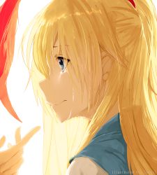 Rule 34 | 10s, 1girl, absurdres, artist name, blonde hair, blue eyes, crying, crying with eyes open, from side, hews, highres, kirisaki chitoge, nisekoi, ribbon, solo focus, tears, white background