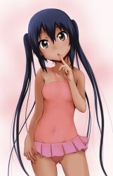Rule 34 | 1girl, bad id, bad pixiv id, bare shoulders, black hair, blush, brown eyes, gaku (pixiv), gaku (wheel of lunokhod), head tilt, k-on!, long hair, nakano azusa, one-piece swimsuit, open mouth, pink one-piece swimsuit, solo, swimsuit, tan, twintails