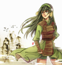 Rule 34 | 1girl, armor, avatar: the last airbender, avatar legends, chinese clothes, grey eyes, hair down, hairband, kellylee, long hair, nickelodeon, aged up, smile, solo, toph bei fong