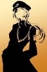 Rule 34 | 10s, 1girl, ayase eli, bad id, bad twitter id, coat, frown, gradient background, hair down, hakusen (white line), hands in pockets, hat, long hair, long sleeves, looking at viewer, love live!, love live! school idol project, monochrome, shaded face, solo, uniform, yellow background