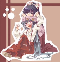 Rule 34 | &gt;:o, 2girls, :o, angry, armband, baggy pants, black hair, blunt bangs, blush, bow, breasts, brown background, brown eyes, buttons, crossed arms, fang, female focus, from side, fujiwara no mokou, full body, grey hair, hair bow, head rest, high ponytail, holding hands, houraisan kaguya, izana minagi, kneeling, light smile, long hair, long sleeves, looking down, looking up, multiple girls, nose blush, outline, pants, paw print, ponytail, puffy sleeves, red eyes, shoes, sitting, small breasts, suspenders, touhou, uneven eyes, v-shaped eyebrows, very long hair