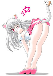 Rule 34 | animal ears, anna miller, ass, bent over, blush, breasts, cat ears, cat tail, detached sleeves, dress, high heels, imai kazunari, large breasts, long hair, looking back, no panties, red eyes, rozen maiden, sideboob, silver hair, suigintou, tail, waitress, wink