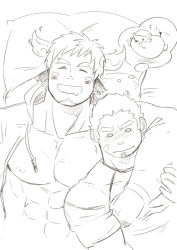 Rule 34 | 2boys, abs, animal ears, arm around shoulder, bara, bare pectorals, blush, couple, cow ears, facial hair, facial scar, forked eyebrows, goatee, greyscale, tamamura gunzo, hood, hoodie, hug, katoributa a, large pectorals, male focus, monochrome, multiple boys, muscular, nipples, o o, on person, open clothes, open hoodie, pectorals, red shirt, scar, scar on cheek, scar on face, shirt, short sleeves, sideburns, sketch, sleeping, smile, stubble, thick eyebrows, thought bubble, tokyo houkago summoners, upper body, wakan tanka, yaoi