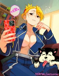 Rule 34 | 1girl, aiguillette, amestris military uniform, animal, artist name, black hayate, blonde hair, blue jacket, blue pants, bookshelf, breasts, cellphone, closed eyes, closed mouth, collared jacket, commentary, contemporary, dog, earrings, english commentary, english text, folded ponytail, fullmetal alchemist, highres, holding, holding phone, indoors, jacket, jewelry, large breasts, light blush, light smile, long sleeves, looking at phone, military jacket, military uniform, no bra, no shirt, open clothes, open jacket, paid reward available, pants, patreon username, phone, puff of air, red eyes, riza hawkeye, short hair, sitting, smartphone, snegovski, solo, stud earrings, tongue, tongue out, uniform