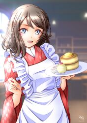 Rule 34 | 1girl, absurdres, apron, blue eyes, brown hair, highres, looking at viewer, love live!, love live! sunshine!!, medium hair, minami saan, open mouth, smile, solo, watanabe you