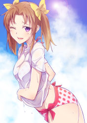 Rule 34 | 10s, 1girl, ahoge, bikini, bikini bottom only, blue sky, breasts, brown hair, cloud, cloudy sky, day, e20, hair ornament, hair ribbon, kagerou (kancolle), kantai collection, lens flare, long hair, looking at viewer, medium breasts, no pants, one eye closed, open mouth, parted bangs, polka dot, polka dot bikini, polka dot swimsuit, purple eyes, ribbon, shirt, short sleeves, sketch, sky, solo, swimsuit, twintails, wet, wet clothes, wet shirt, white shirt, yellow ribbon