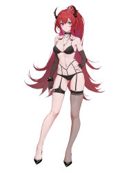 Rule 34 | 1girl, alternate costume, arknights, bra, choker, diaodiao, garter straps, gluteal fold, hair ornament, highres, horns, jewelry, long hair, looking at viewer, nail polish, navel, necklace, orange eyes, panties, pantyhose, ponytail, red hair, red nails, simple background, slit pupils, solo, surtr (arknights), thigh gap, thighhighs, underwear, white background
