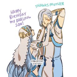 Rule 34 | 1boy, 1girl, arm behind head, artist name, azura (fire emblem), blue hair, darkgreyclouds, dress, elbow gloves, english text, closed eyes, fire emblem, fire emblem fates, gloves, hair over one eye, hair tubes, happy birthday, headdress, height difference, long hair, lowres, mother and son, nintendo, shigure (fire emblem), silver hair, smile, very long hair, white dress, white gloves