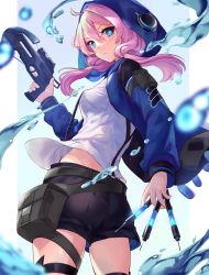 Rule 34 | 1girl, arknights, black shorts, blue eyes, blue jacket, blue poison (arknights), blue poison (elite ii) (arknights), bow (weapon), breasts, commentary request, cowboy shot, crossbow, hair between eyes, head tilt, highres, holding, holding bow (weapon), holding crossbow, holding weapon, hood, hooded jacket, jacket, long hair, long sleeves, looking at viewer, low twintails, medium breasts, midriff peek, pink hair, pouch, shirt, shorts, solo, spica (spica 1510), standing, thigh strap, thighs, twintails, weapon, white shirt