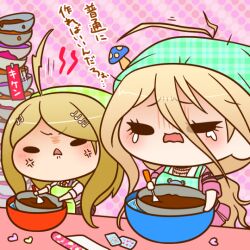Rule 34 | 2girls, ahoge, akamatsu kaede, anger vein, animal print, annoyed, antenna hair, apron, arm belt, barbed wire, batter, bear print, belt, black belt, black choker, black eyes, blonde hair, bowl, breasts, candy, chibi, choker, cleavage, collared shirt, commentary request, cowboy shot, crying, crying with eyes open, danganronpa (series), danganronpa v3: killing harmony, eyelashes, food, fortissimo, furrowed brow, green apron, green hat, hair between eyes, hair ornament, hair through headwear, hat, head scarf, heart, holding, holding bowl, holding spoon, iruma miu, light blush, long hair, long sleeves, looking at another, low ponytail, miniskirt, motion lines, multiple belts, multiple girls, mushroom, musical note, musical note hair ornament, open mouth, pink background, pink serafuku, pink shirt, pink skirt, pink sleeves, pink vest, pleated skirt, polka dot, polka dot background, purple skirt, school uniform, serafuku, shirt, shout lines, simple background, skirt, skirt set, sleeves rolled up, solid oval eyes, spoon, stirring, teardrop, tears, translation request, unmoving pattern, very long hair, vest, wavy mouth, white shirt, white sleeves, yumaru (marumarumaru)