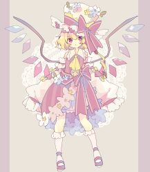 Rule 34 | @ @, alternate costume, blonde hair, bloomers, blush, bow, crystal, detached sleeves, doily, dress, flandre scarlet, flower, frilled hat, frills, full body, hat, hat flower, highres, long hair, looking at viewer, nikorashi-ka, pink dress, pink eyes, pink footwear, side ponytail, sleeves past fingers, sleeves past wrists, striped clothes, striped dress, top hat, touhou, underwear, white legwear, wings, yellow bow, yellow neckwear
