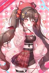 Rule 34 | 1girl, bare shoulders, brown hair, flower-shaped pupils, genshin impact, hayun, highres, hu tao (genshin impact), looking at viewer, open mouth, red eyes, solo, symbol-shaped pupils, twintails