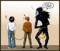 Rule 34 | !, 00s, 3boys, black hair, brown hair, chain, death note, indoors, jeans, l (death note), long sleeves, male focus, multiple boys, musical note, peeing, ryuk, speech bubble, surprised, urinal, watermark, what, yagami light