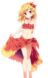 Rule 34 | 1girl, aki shizuha, arm behind back, bare arms, bare legs, bare shoulders, bikini, bikini top only, blonde hair, closed mouth, collarbone, frilled bikini, frilled bikini top, frills, hair ornament, hairclip, halterneck, halterneck, head tilt, highres, leaf hair ornament, lifted by self, looking at viewer, maturiuta sorato, midriff, navel, orange eyes, red bikini, sarong, simple background, smile, solo, standing, stomach, swimsuit, touhou, white background