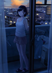 Rule 34 | 1girl, balcony, black eyes, black hair, bob cut, city, cloud, collarbone, curtains, full body, hand up, highres, hill, laundry, laundry pole, looking at viewer, original, papi (papiron100), power lines, sandals, shirt, short hair, shorts, signature, sky, sliding doors, smile, solo, sunset, tank top, tree, utility pole, window