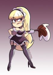 Rule 34 | 1girl, black thighhighs, blonde hair, breasts, cleavage, dress, duster, earrings, feather duster, garter straps, gloves, gravity falls, high heels, hoop earrings, jewelry, large breasts, long hair, maid, maid headdress, pacifica northwest, risingfang, thighhighs, white gloves