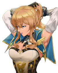 Rule 34 | 1girl, absurdres, armpits, arms up, bare shoulders, black gloves, blonde hair, blue capelet, blue eyes, breasts, capelet, cleavage, commentary request, detached sleeves, genshin impact, gloves, hair tie in mouth, highres, jean (genshin impact), korean commentary, long hair, medium breasts, mouth hold, ponytail, shirt, simple background, solo, strapless, strapless shirt, upper body, wg (dotori287), white background, white shirt