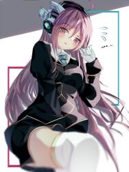Rule 34 | 1girl, bemani, blurry, blurry background, blurry foreground, blush, breasts, depth of field, eyebrows hidden by hair, flying sweatdrops, gloves, headphones, highres, long hair, long sleeves, looking at viewer, medium breasts, motion blur, paru 364364, pink eyes, pink hair, rasis, solo, sound voltex, sound voltex booth, white gloves