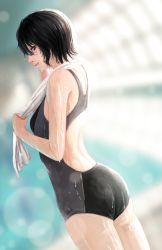 Rule 34 | 1girl, amagami, ass, back, back cutout, black eyes, black hair, blurry, blurry background, bob cut, breasts, closed mouth, clothing cutout, competition swimsuit, cowboy shot, dripping, dutch angle, from behind, from side, hair between eyes, highres, holding, indoors, lens flare, looking at viewer, looking back, namako mikan, nanasaki ai, one-piece swimsuit, pool, profile, short hair, smile, solo, swimsuit, towel, towel around neck, water, wet, wet hair