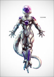 Rule 34 | 1boy, artist name, closed mouth, dragon ball, dragonball z, frieza, full body, gradient background, grey background, k-suwabe, lips, looking at viewer, male focus, red eyes, smile, solo, tail