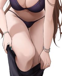 Rule 34 | 1girl, bare legs, blue nails, bra, bracelet, breasts, brown hair, cleavage, commentary, cowboy shot, dressing, expulse, gluteal fold, head out of frame, highres, jewelry, long hair, medium breasts, nail polish, nana (kurisustinah), no shirt, original, panties, partially undressed, purple bra, purple panties, simple background, skindentation, solo, straight hair, thighs, underwear, white background