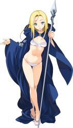 Rule 34 | 1girl, aqua eyes, bare legs, blonde hair, bra, cloak, crossed ankles, full body, highres, hood, hoodie, long hair, long sleeves, looking at viewer, non-web source, official art, onono imoko, outstretched arm, panties, parted bangs, parted lips, rance (series), rance 03, rance 03 leazas kanraku, rose card, sidelocks, solo, staff, standing, thigh gap, transparent background, underwear, white bra, white panties, wide sleeves