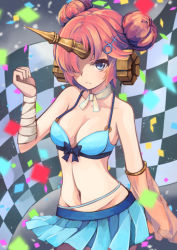 Rule 34 | 1girl, bandages, blue eyes, blue skirt, breasts, checkered background, cleavage, double bun, fate/grand order, fate (series), frankenstein&#039;s monster (fate), frankenstein&#039;s monster (swimsuit saber) (fate), frankenstein&#039;s monster (swimsuit saber) (second ascension) (fate), hair bun, hair ornament, hair over one eye, highres, looking at viewer, medium breasts, otogi kyouka, pink hair, short hair, skirt, solo