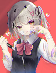 Rule 34 | 1girl, bandaid, bandaid on arm, black ribbon, black vest, blood, blood on clothes, boxcutter, broken heart, collared shirt, commentary request, cuts, grey hair, hair between eyes, hair ornament, hair ribbon, hands up, head tilt, heart, heart hair ornament, highres, holding, injury, natuna natu, original, parted lips, red background, red eyes, ribbon, school uniform, shirt, short sleeves, solo, twintails, twitter username, upper body, vest, wavy mouth, white shirt, x hair ornament