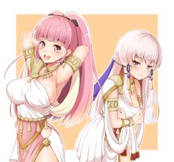 Rule 34 | 2girls, :d, :t, armlet, armpits, arms behind head, arms up, black hairband, blush, breast envy, breasts, cleavage, covering breasts, covering privates, crescent, crescent earrings, dancer, dancer (fire emblem: three houses), dress, earrings, female focus, fire emblem, fire emblem: three houses, hair ornament, hairband, heart, heart hair ornament, highres, hilda valentine goneril, jewelry, large breasts, long hair, looking at viewer, lysithea von ordelia, matching hair/eyes, multiple girls, multiple tails, neruhi, nintendo, open mouth, orange background, pelvic curtain, pink eyes, pink hair, pout, purple eyes, sideboob, sidelocks, silver hair, single-shoulder dress, single bare shoulder, small breasts, smile, tail, teeth, twintails, two tails, upper teeth only, v-shaped eyebrows, veil, very long hair, white dress
