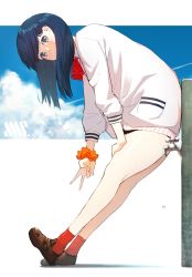 Rule 34 | 10s, 1girl, black hair, black skirt, blue sky, blurry, blurry foreground, bow, brown footwear, cardigan, cloud, commentary request, covered mouth, day, depth of field, faucet, fingernails, full body, grey eyes, gridman universe, hand on leg, hand on own thigh, highres, leaning forward, loafers, long hair, long sleeves, microskirt, orange scrunchie, pleated skirt, red bow, red socks, scrunchie, shoes, skirt, sky, socks, solo, ssss.gridman, suzuki puramo, takarada rikka, thighs, v, white background, white cardigan, wrist scrunchie