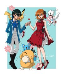 Rule 34 | 1boy, 1girl, :d, anklet, arm behind back, ascot, ash ketchum, azurill, black flower, black footwear, black hair, blue ascot, blue background, blue jacket, blush, boots, bow, bracelet, brown eyes, brown hair, closed mouth, coat, collared shirt, couple, creatures (company), dress, dress shirt, earrings, flower, full body, game freak, gen 1 pokemon, gen 2 pokemon, gen 3 pokemon, green eyes, hair between eyes, hair flower, hair ornament, hakuya 1023, hat, heart, heart hair ornament, hetero, high heels, highres, holding, holding hands, jacket, jewelry, layered dress, long sleeves, looking at viewer, medium hair, misty (pokemon), nintendo, open clothes, open coat, open jacket, open mouth, pants, pikachu, poke ball, pokemon, pokemon (anime), pokemon rse (anime), psyduck, pumps, red dress, red flower, red footwear, rose, shirt, shoes, short dress, short hair, sleeveless, sleeveless dress, smile, standing, togetic, twitter username, two-tone background, white ascot, white pants, white shirt, wing collar