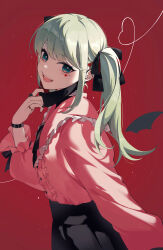 Rule 34 | 1girl, absurdres, aqua hair, black mask, black nails, black ribbon, black skirt, commentary, cowboy shot, ear piercing, green eyes, hair ornament, hand up, hatsune miku, heart, heart hair ornament, highres, jewelry, kanvien, long sleeves, looking at viewer, mask pull, multiple rings, nail polish, open mouth, piercing, pink shirt, pleated skirt, red background, ribbon, ring, shirt, shirt tucked in, simple background, skirt, smile, solo, teeth, tongue, twintails, vampire (vocaloid), vocaloid, wrist belt