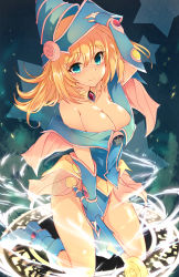 Rule 34 | 1girl, bare shoulders, blonde hair, blue footwear, blush stickers, breasts, cleavage, dark magical circle, dark magician girl, duel monster, fingerless gloves, gloves, green eyes, has bad revision, has downscaled revision, hat, highres, kneeling, large breasts, long hair, md5 mismatch, pentacle, pentagram, resolution mismatch, solo, source smaller, wand, wizard hat, yodori, yu-gi-oh!, yu-gi-oh! duel monsters