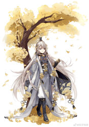 Rule 34 | 1boy, androgynous, arm behind back, bamboo scroll, black footwear, black gloves, black sash, blue eyes, boots, candied ginkgo nut (the tale of food), chinese clothes, closed mouth, coat, dongfang mao qiu, double-parted bangs, falling leaves, full body, ginkgo leaf, ginkgo leaf print, ginkgo tree, gloves, gold trim, grey coat, grey hair, grey robe, hair ornament, halterneck, hanfu, highres, holding, holding scroll, leaf, leaf hair ornament, leaf print, long hair, long sleeves, looking at viewer, male focus, mole, mole under eye, official art, pants, parted lips, petite, robe, sash, scroll, sidelocks, simple background, solo, standing, stole, swept bangs, tassel, the tale of food, tree, under tree, very long hair, watermark, weibo logo, weibo watermark, white background, white pants, wide sleeves, xiao guan (headdress)