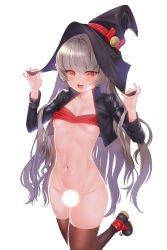 Rule 34 | 1girl, :d, absurdres, areola slip, bandeau, black footwear, black hat, black jacket, bottomless, breasts, brown thighhighs, cropped jacket, dungeon and fighter, grey hair, groin, hands on headwear, hands up, hat, highres, jacket, leg up, light censor, long hair, long sleeves, looking at viewer, navel, open clothes, open jacket, open mouth, pointy ears, red eyes, shoes, sidelocks, simple background, skindentation, skulllee, small breasts, smile, solo, stomach, thighhighs, very long hair, white background, witch hat