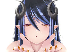Rule 34 | 1girl, black hair, blue hair, blush, brown eyes, brown nails, commentary request, curled horns, dc24v, demon girl, demon horns, dot nose, earrings, fingernails, grey horns, hair between eyes, hands up, hebiyoi tier, highres, horns, jewelry, long bangs, long hair, looking at viewer, multicolored hair, nanashi inc., open mouth, pointy ears, portrait, reaching, reaching towards viewer, sidelocks, simple background, solo, two-tone hair, virtual youtuber, white background