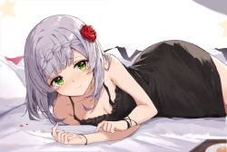 Rule 34 | 1girl, bare arms, bare shoulders, black dress, blush, braid, breasts, chinese commentary, closed mouth, commentary request, dress, flower, genshin impact, green eyes, hair flower, hair ornament, highres, looking at viewer, lying, medium breasts, medium hair, noelle (genshin impact), on bed, on side, red flower, silver hair, simple background, sleeveless, sleeveless dress, smile, solo, white background, yajuu