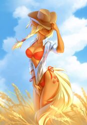 Rule 34 | 1girl, applejack, blonde hair, bra, cloud, colored skin, furry, furry female, highres, humanization, long hair, my little pony, my little pony: friendship is magic, open clothes, open shirt, orange skin, outdoors, panties, red bra, red panties, solo, tattoo, tomatocoup, underwear, wheat field