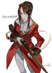 Rule 34 | 1girl, bad id, bad pixiv id, bolt action, braid, brown hair, closed mouth, coat, commentary, facing viewer, forehead, girls&#039; frontline, gloves, green eyes, gun, hair ornament, highres, holding, holding gun, holding weapon, lee-enfield, lee-enfield (girls&#039; frontline), long hair, long sleeves, looking at viewer, military, military uniform, pants, red coat, rifle, scope, simple background, solo, standing, uniform, weapon, white background, white gloves, white pants, yomiya sateko