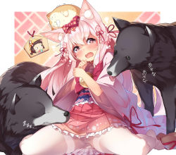 Rule 34 | 1girl, animal, animal ears, animal on head, azur lane, bell, blush, bow, cat ears, commentary, cowering, dog, flower, foaming at the mouth, frilled kimono, frills, hair bow, hair flower, hair ornament, hair ribbon, highres, japanese clothes, jingle bell, kimono, kisaragi (azur lane), kisaragi (new year&#039;s wish) (azur lane), kokka han, long hair, mutsuki (azur lane), obi, on head, open mouth, pantyhose, pink eyes, pink hair, pink kimono, red bow, ribbon, sash, short kimono, sitting, solo, tareme, tears, wariza, wavy mouth, white pantyhose, wide sleeves