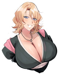 Rule 34 | 1girl, black kimono, bleach, bleach: sennen kessen-hen, blonde hair, blue eyes, blush, breasts, chain necklace, cleavage, female focus, highres, huge breasts, japanese clothes, kimono, looking at viewer, matsumoto rangiku, mayana (bbpp), mole, mole under mouth, necklace, pink scarf, scarf, short hair, solo, upper body