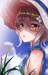 Rule 34 | 1girl, :o, aoman de cangshu, bare shoulders, blush, breasts, cloud, dress, flower, grass, hair between eyes, hair flower, hair ornament, hat, highres, kokkoro (princess connect!), looking at viewer, open mouth, parted lips, pointy ears, princess connect!, red eyes, short hair, silver hair, sky, sleeveless, small breasts, solo, white flower, white hat